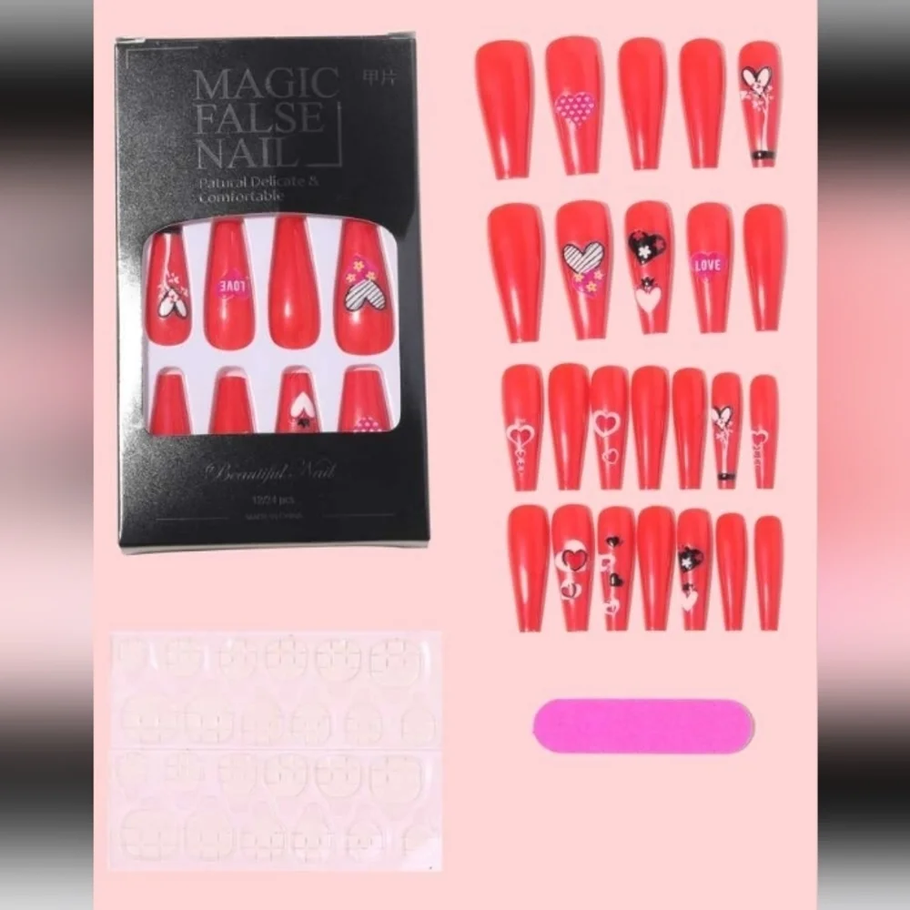 24PCS Heart Pattern Fake Nail & 1sheet Tape & 1pc Nail File